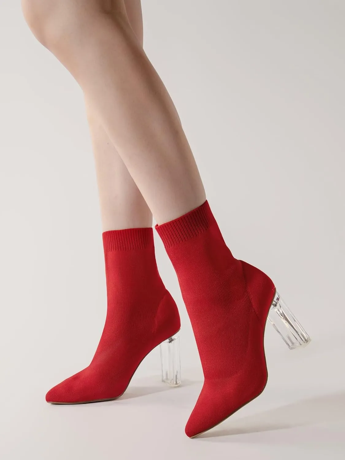 Shoe'N Tale Women's Knit Sock Ankle Boots Pointed Toe Clear Mid Heel Slip-on Stretch Booties Shoes
