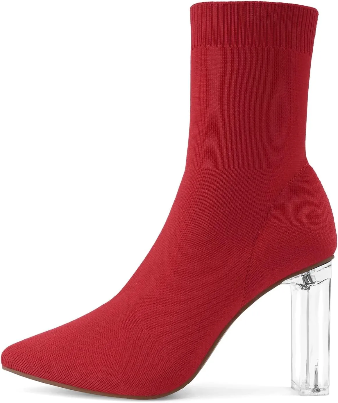 Shoe'N Tale Women's Knit Sock Ankle Boots Pointed Toe Clear Mid Heel Slip-on Stretch Booties Shoes