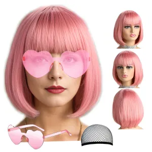 Short Bob Hair Wigs Straight with Flat Bangs Synthetic Colorful Cosplay Daily Party Neon Wig for Women   Free Wig Cap 12" Natural As Real (Light Pink)