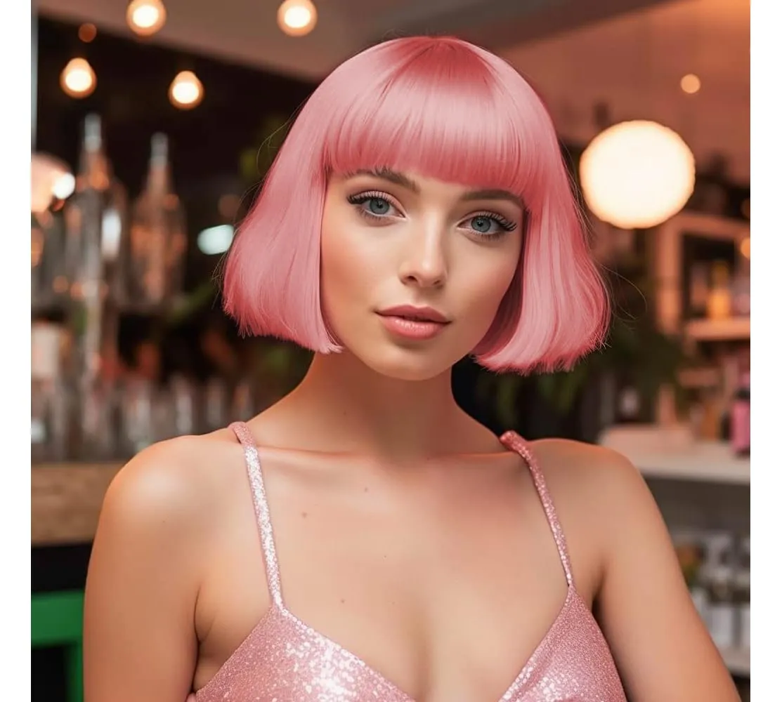 Short Bob Hair Wigs Straight with Flat Bangs Synthetic Colorful Cosplay Daily Party Neon Wig for Women   Free Wig Cap 12" Natural As Real (Light Pink)