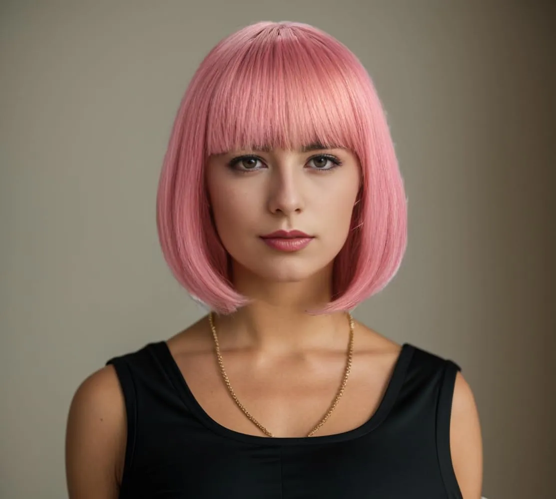 Short Bob Hair Wigs Straight with Flat Bangs Synthetic Colorful Cosplay Daily Party Neon Wig for Women   Free Wig Cap 12" Natural As Real (Light Pink)