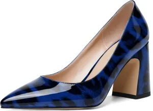 SHOWFOREST Womens Dating Pointed Toe Patent Dress Slip On Chunky High Heel Pumps Shoes 3.3 Inch