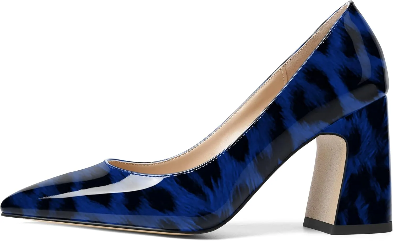 SHOWFOREST Womens Dating Pointed Toe Patent Dress Slip On Chunky High Heel Pumps Shoes 3.3 Inch