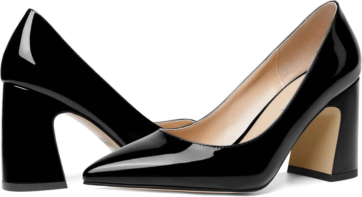 SHOWFOREST Womens Dating Pointed Toe Patent Dress Slip On Chunky High Heel Pumps Shoes 3.3 Inch