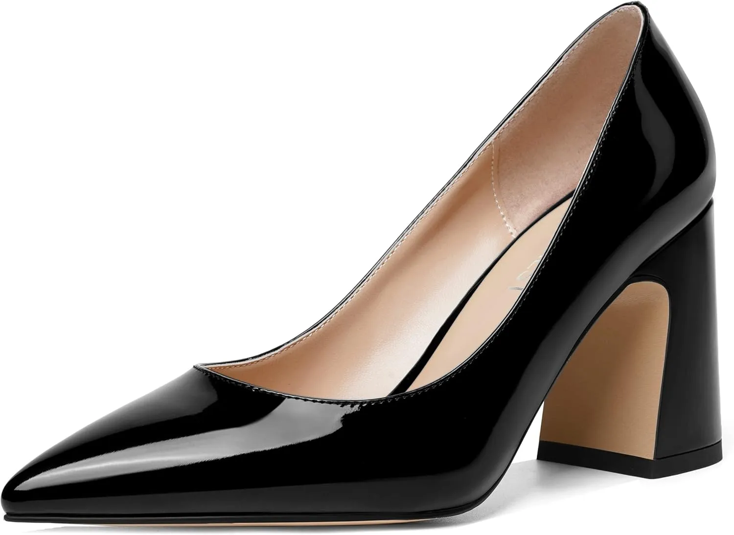 SHOWFOREST Womens Dating Pointed Toe Patent Dress Slip On Chunky High Heel Pumps Shoes 3.3 Inch