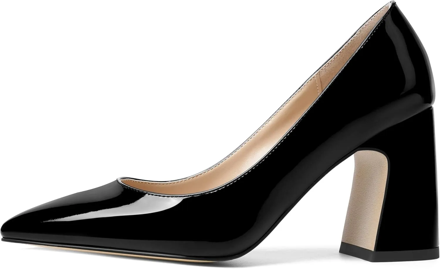 SHOWFOREST Womens Dating Pointed Toe Patent Dress Slip On Chunky High Heel Pumps Shoes 3.3 Inch