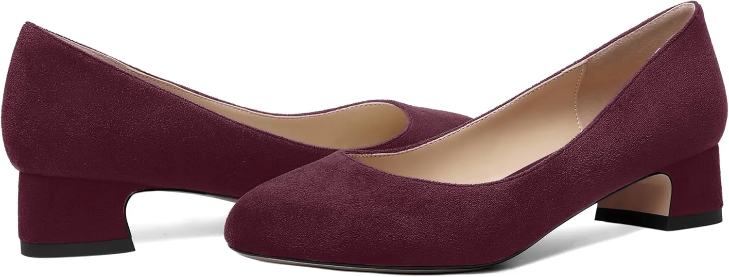 SHOWFOREST Womens Dress Solid Business Suede Round Toe Slip On Chunky Low Heel Pumps Shoes 1.5 Inch
