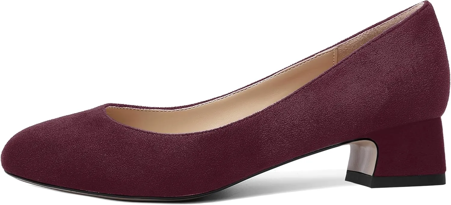 SHOWFOREST Womens Dress Solid Business Suede Round Toe Slip On Chunky Low Heel Pumps Shoes 1.5 Inch