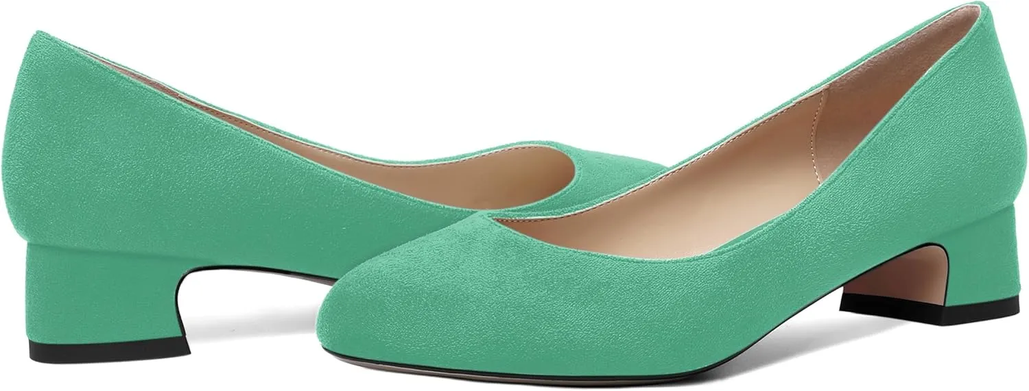 SHOWFOREST Womens Dress Solid Business Suede Round Toe Slip On Chunky Low Heel Pumps Shoes 1.5 Inch