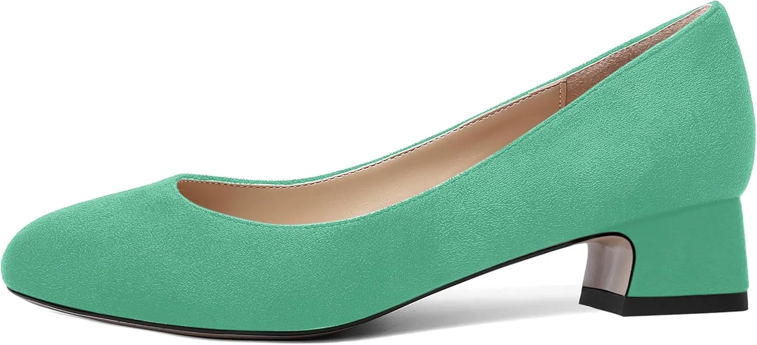 SHOWFOREST Womens Dress Solid Business Suede Round Toe Slip On Chunky Low Heel Pumps Shoes 1.5 Inch