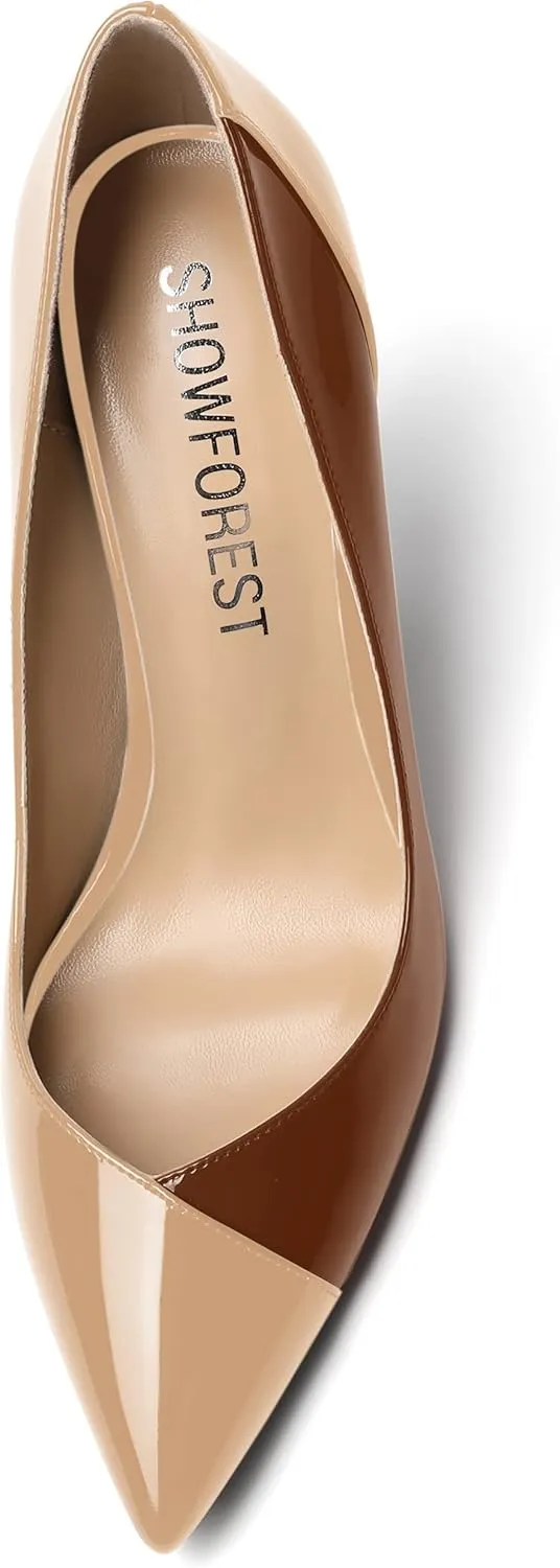 SHOWFOREST Women's Patent Slip On Pointed Toe Solid Dating Sexy Slim Stiletto High Heel Pumps Shoes 4 Inch