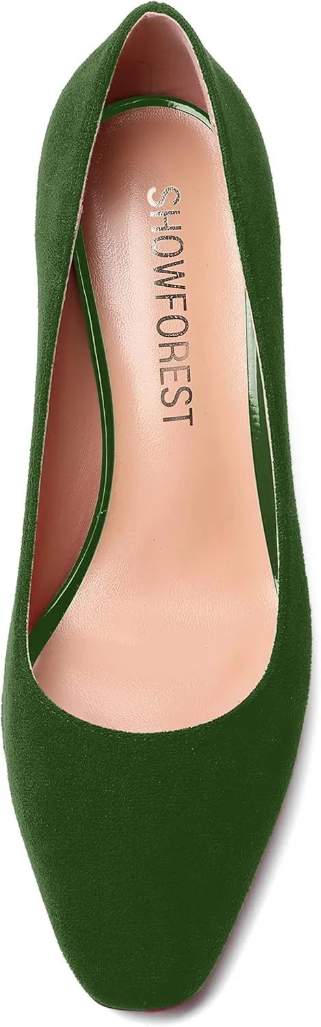 SHOWFOREST Womens Slim Suede Slip On Sexy Bridal Square Toe Solid Stiletto Mid Heel Pumps Shoes 2.5 Inch