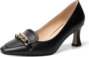 SHOWFOREST Womens Slip On Solid Square Toe Fashion Matte Metal Business Spool Mid Heel Pumps Shoes 2.5 Inch