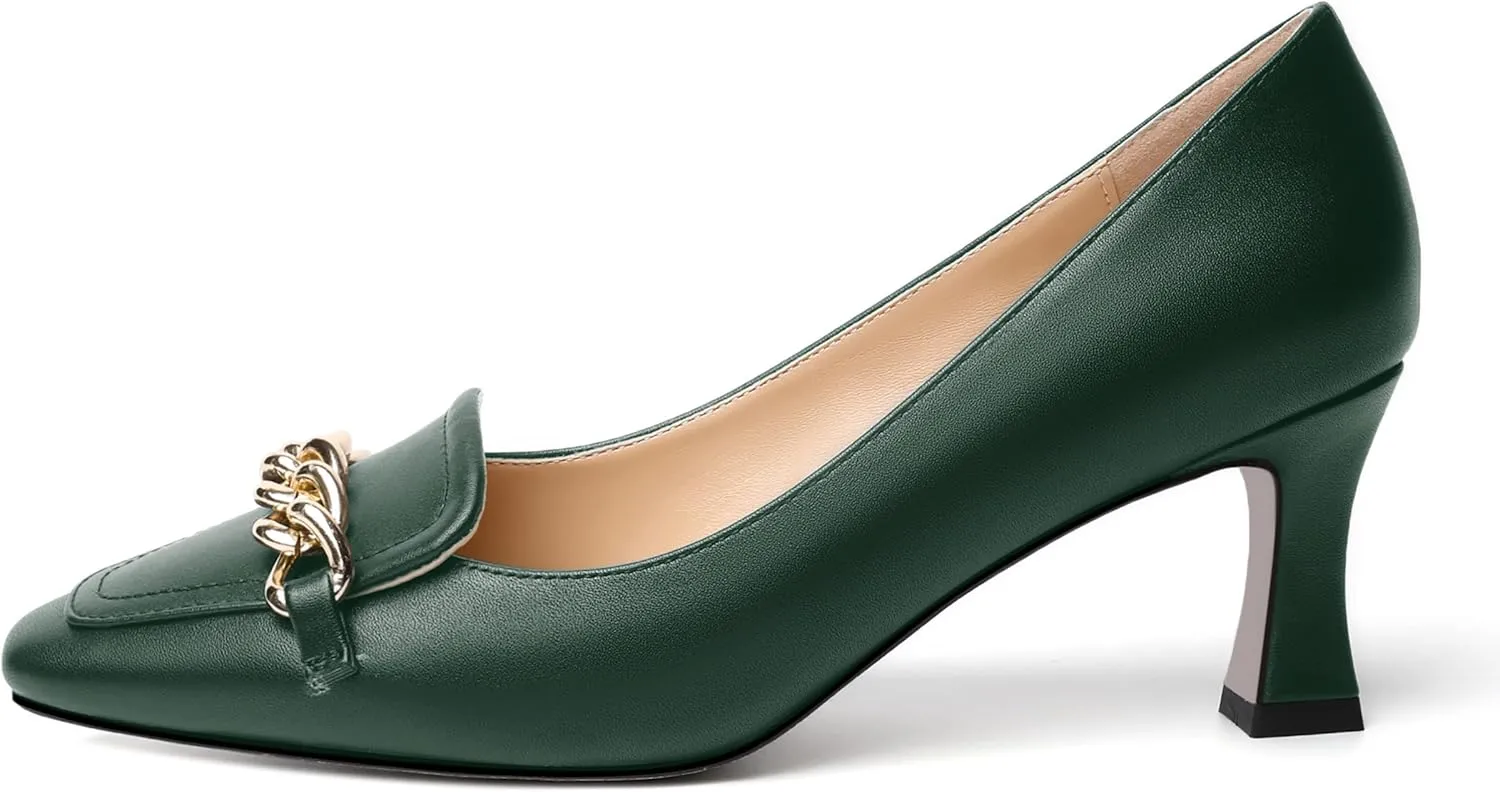SHOWFOREST Womens Slip On Solid Square Toe Fashion Matte Metal Business Spool Mid Heel Pumps Shoes 2.5 Inch