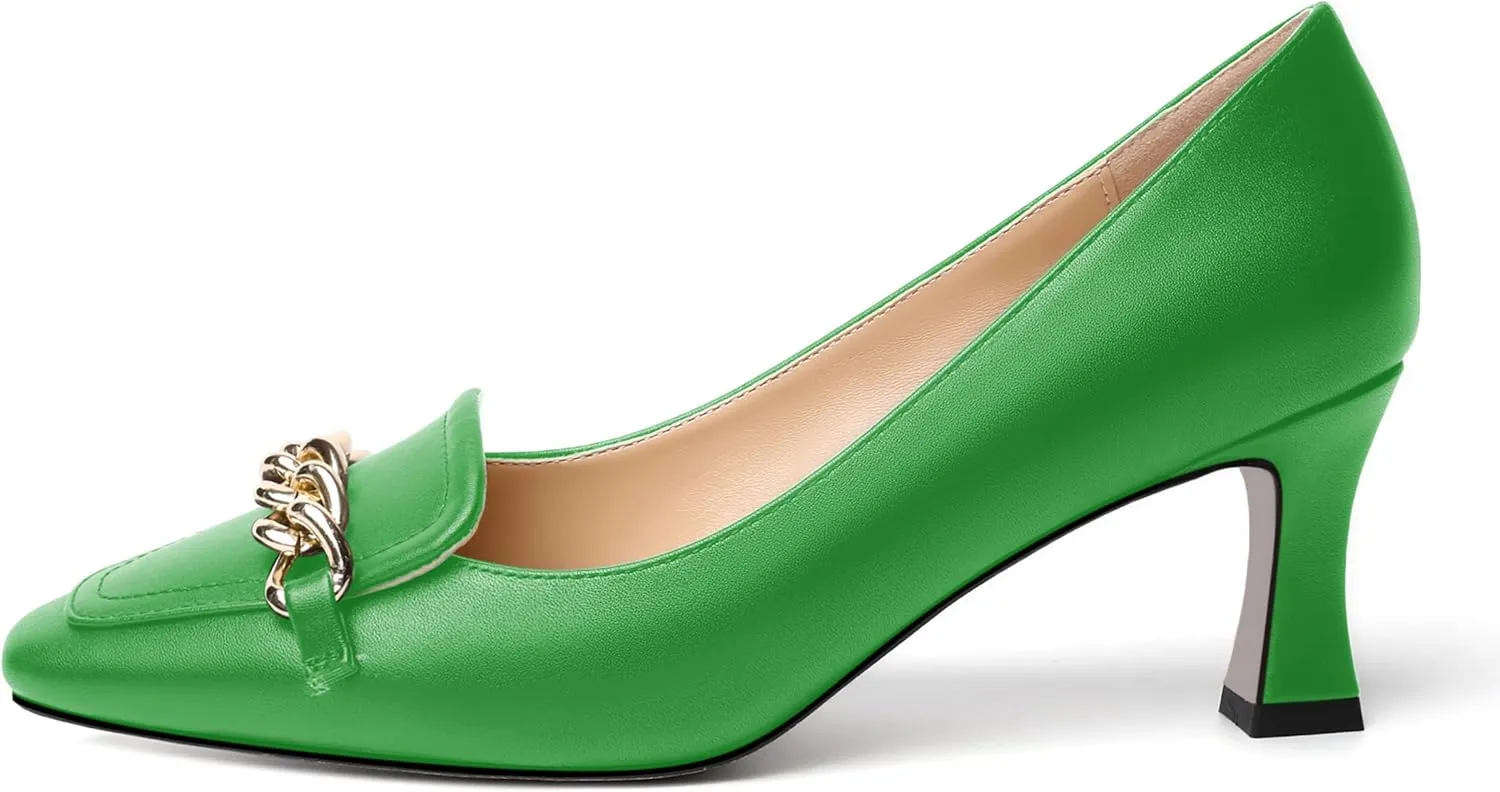 SHOWFOREST Womens Slip On Solid Square Toe Fashion Matte Metal Business Spool Mid Heel Pumps Shoes 2.5 Inch