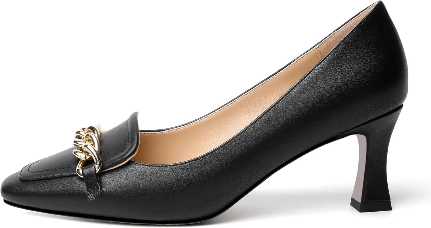 SHOWFOREST Womens Slip On Solid Square Toe Fashion Matte Metal Business Spool Mid Heel Pumps Shoes 2.5 Inch