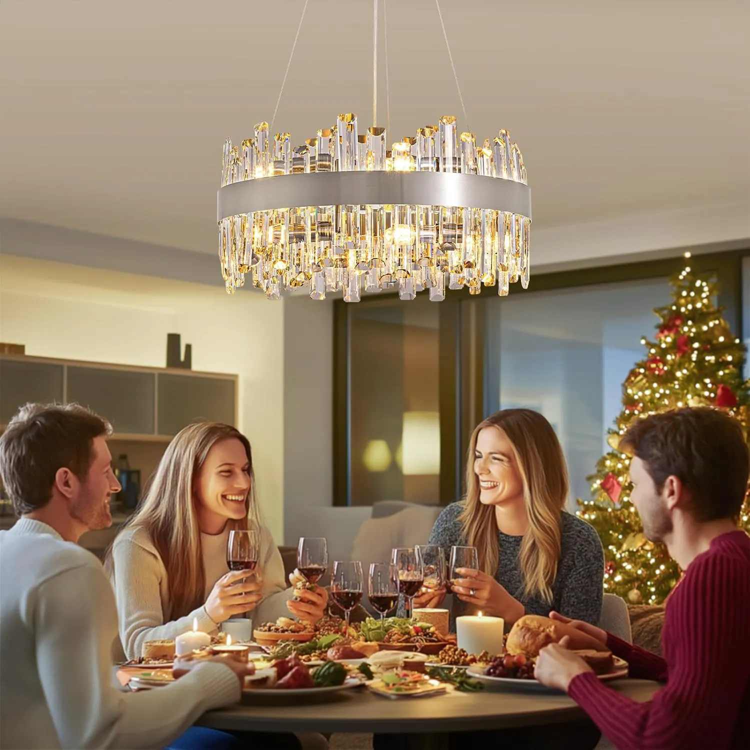 Siljoy Modern Crystal Chandelier 12 Lights Brushed Nickel 2-Tier Raindrop Chandelier Adjustable Height Luxury Pendant Ceiling Light Fixture for Dining Living Room Kitchen Island Entry D19.7''