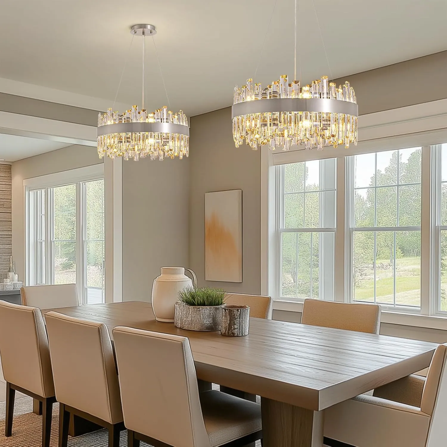 Siljoy Modern Crystal Chandelier 12 Lights Brushed Nickel 2-Tier Raindrop Chandelier Adjustable Height Luxury Pendant Ceiling Light Fixture for Dining Living Room Kitchen Island Entry D19.7''