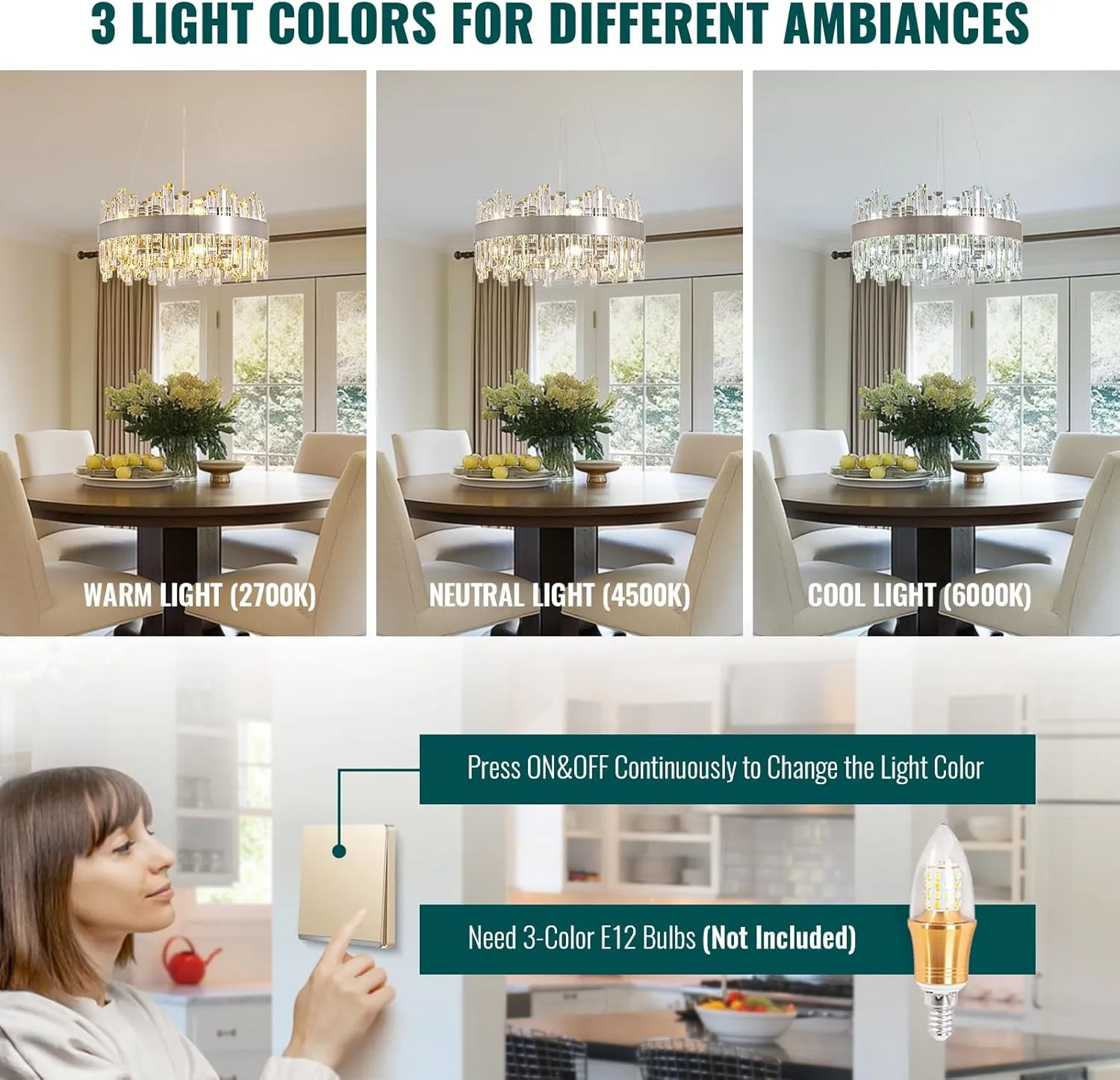 Siljoy Modern Crystal Chandelier 12 Lights Brushed Nickel 2-Tier Raindrop Chandelier Adjustable Height Luxury Pendant Ceiling Light Fixture for Dining Living Room Kitchen Island Entry D19.7''