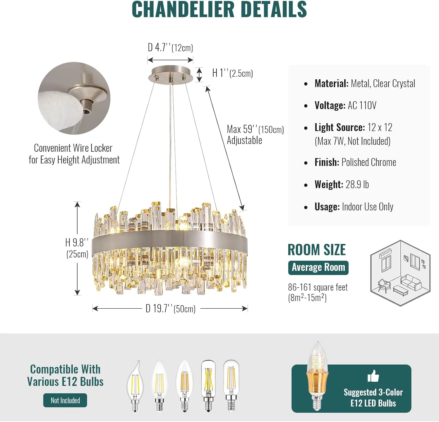 Siljoy Modern Crystal Chandelier 12 Lights Brushed Nickel 2-Tier Raindrop Chandelier Adjustable Height Luxury Pendant Ceiling Light Fixture for Dining Living Room Kitchen Island Entry D19.7''