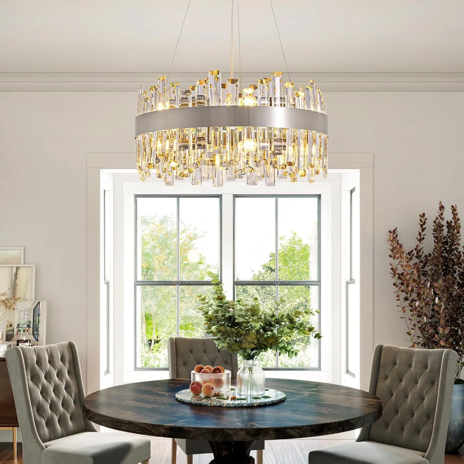 Siljoy Modern Crystal Chandelier 12 Lights Brushed Nickel 2-Tier Raindrop Chandelier Adjustable Height Luxury Pendant Ceiling Light Fixture for Dining Living Room Kitchen Island Entry D19.7''