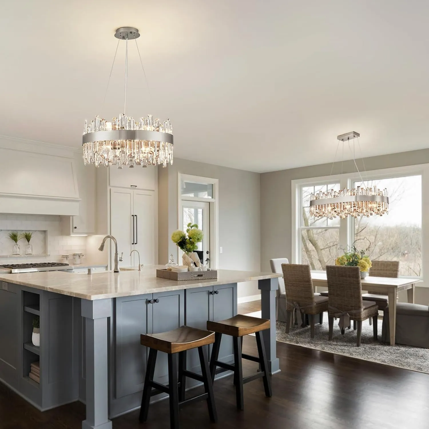 Siljoy Modern Crystal Chandelier 12 Lights Brushed Nickel 2-Tier Raindrop Chandelier Adjustable Height Luxury Pendant Ceiling Light Fixture for Dining Living Room Kitchen Island Entry D19.7''