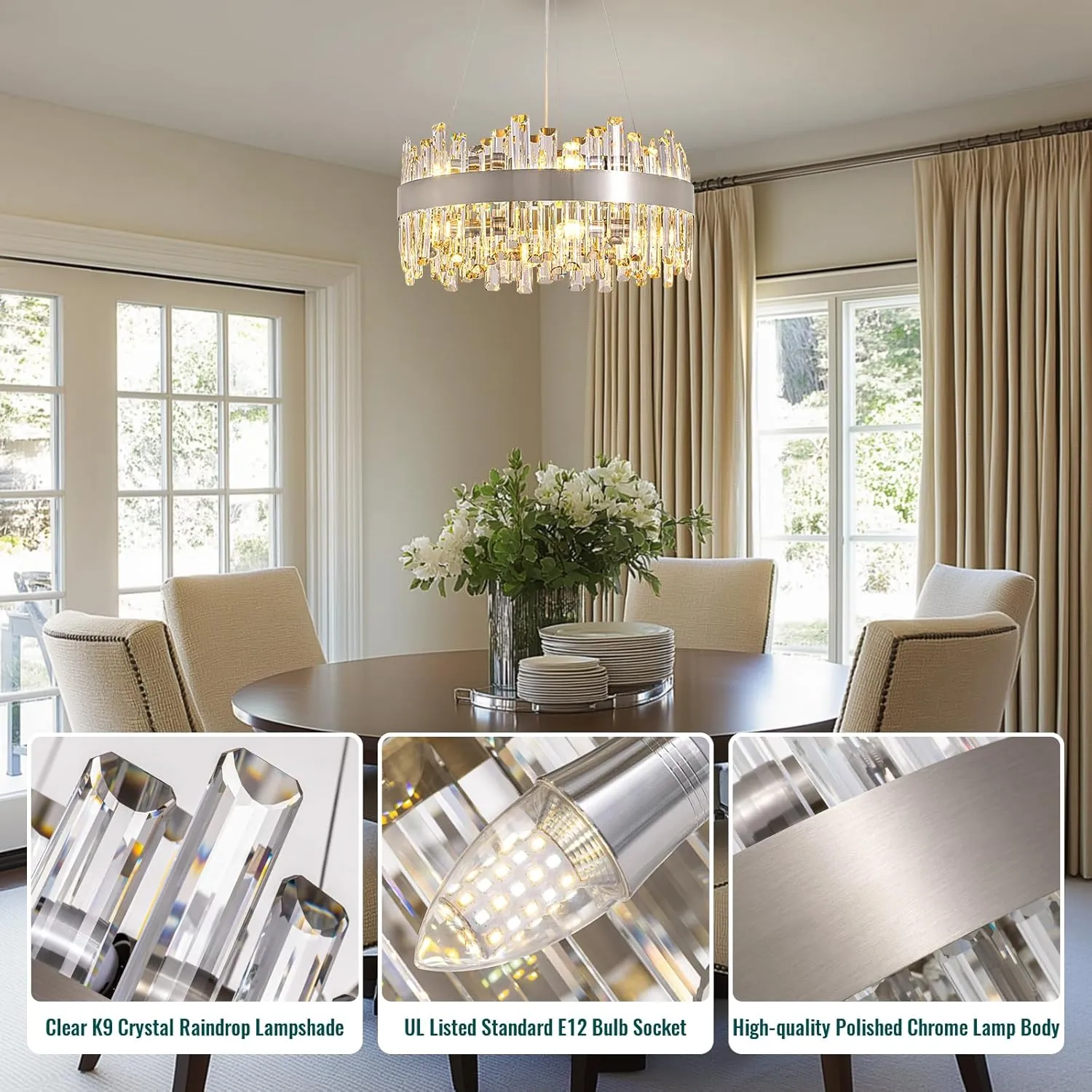 Siljoy Modern Crystal Chandelier 12 Lights Brushed Nickel 2-Tier Raindrop Chandelier Adjustable Height Luxury Pendant Ceiling Light Fixture for Dining Living Room Kitchen Island Entry D19.7''