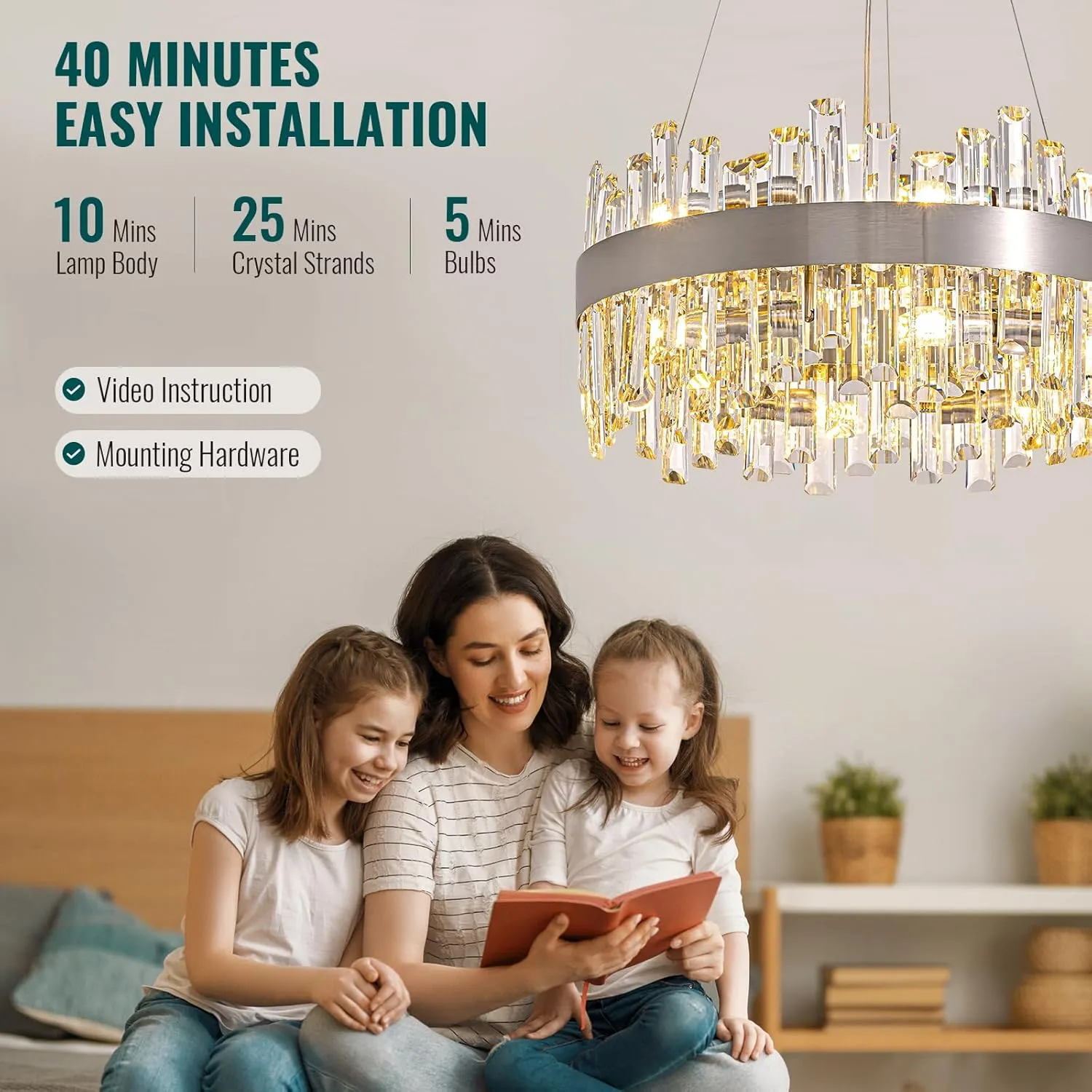Siljoy Modern Crystal Chandelier 12 Lights Brushed Nickel 2-Tier Raindrop Chandelier Adjustable Height Luxury Pendant Ceiling Light Fixture for Dining Living Room Kitchen Island Entry D19.7''