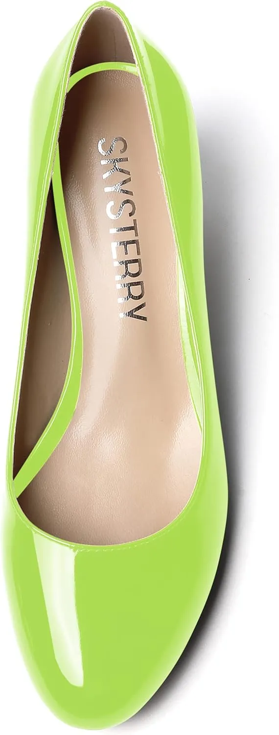 SKYSTERRY Women's Patent Kitten Round Toe Slip On Office Spool Low Heel Pumps Office Work Dress Shoes 2 Inch
