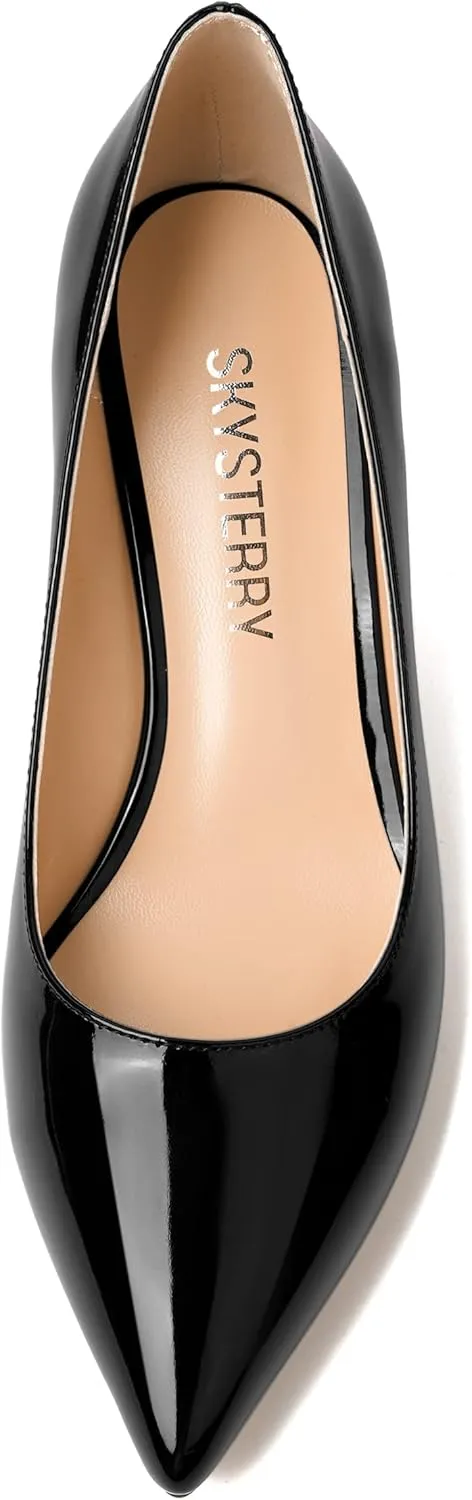 SKYSTERRY Womens Slip On Evening Cute Pointed Toe Patent Block Mid Heel Pumps Shoes 2.5 Inch
