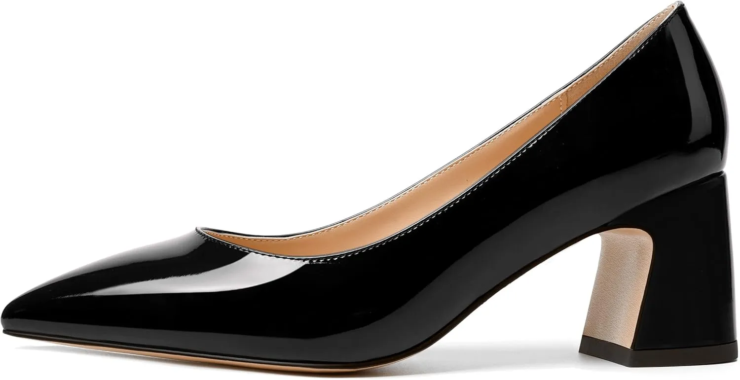 SKYSTERRY Womens Slip On Evening Cute Pointed Toe Patent Block Mid Heel Pumps Shoes 2.5 Inch