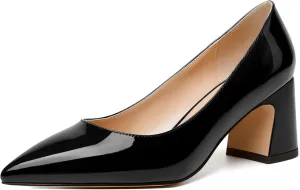 SKYSTERRY Womens Slip On Evening Cute Pointed Toe Patent Block Mid Heel Pumps Shoes 2.5 Inch