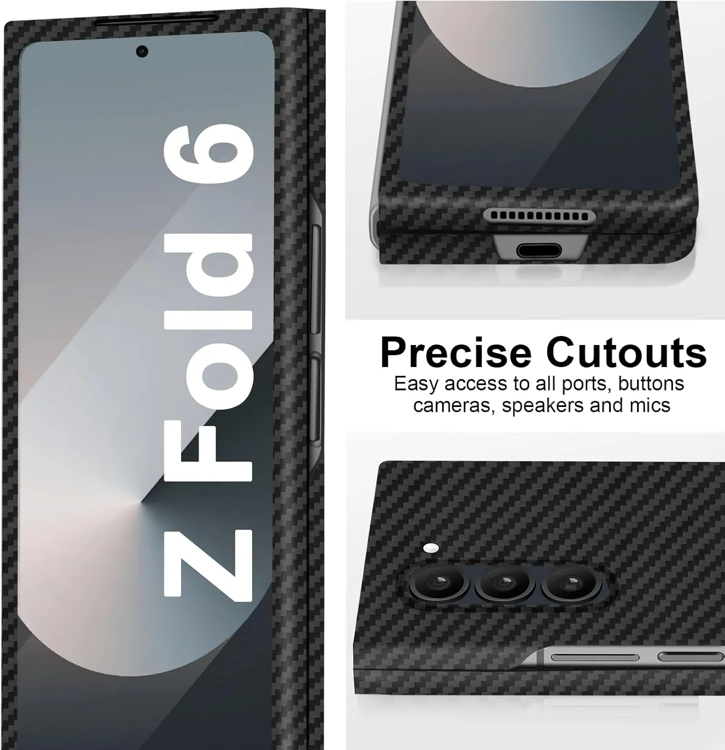 Slim and Thin Carbon Fiber Case Compatible with Samsung Galaxy Z Fold 6, 1500D Aramid Fiber Z Fold6 Cover for Men and Women, Supports Wireless Charging, Matte Black Gray