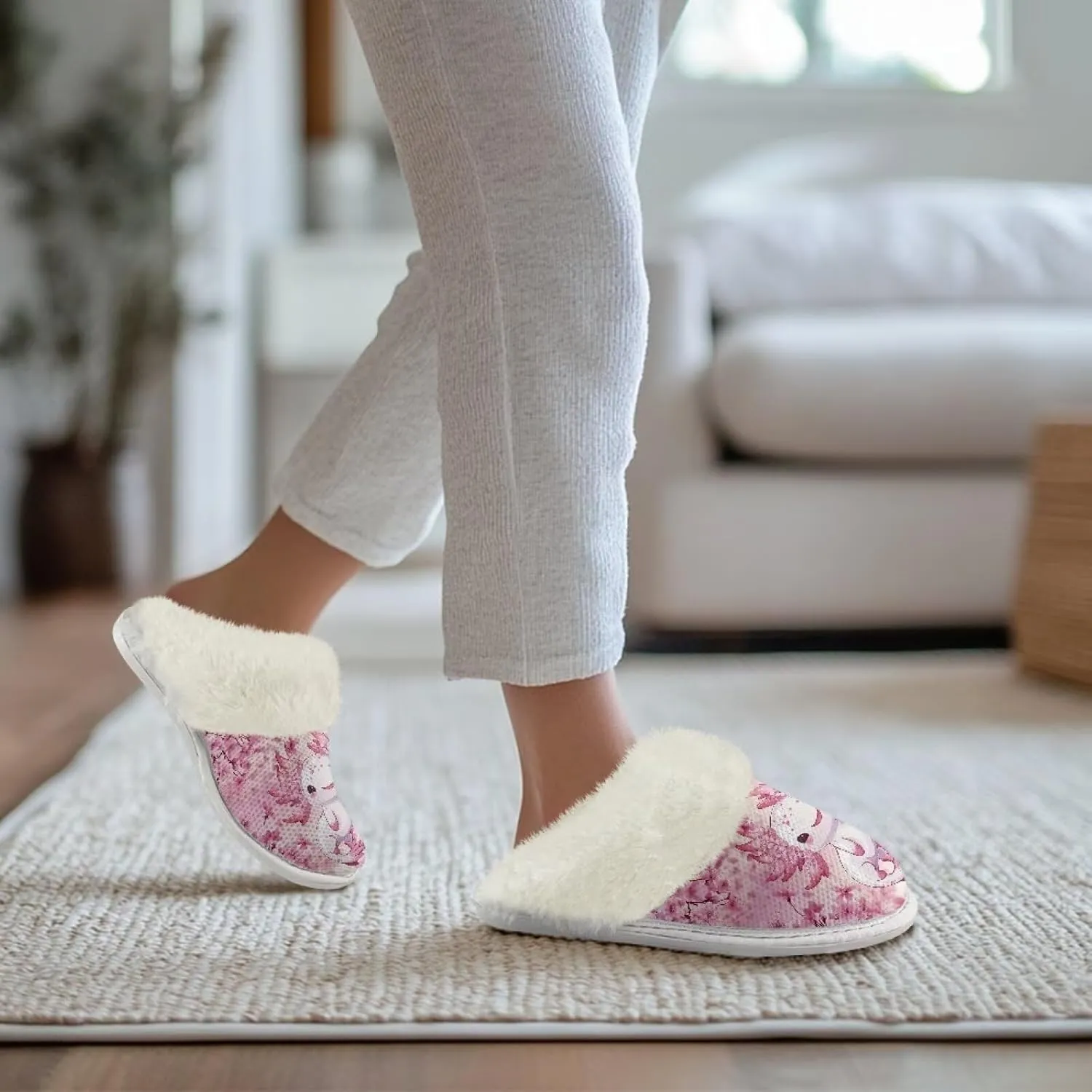 Slippers For Women Indoor And Outdoor, Anti-Slip Sole Fluffy Slippers Flannel Lined Slippers with Fur Edges