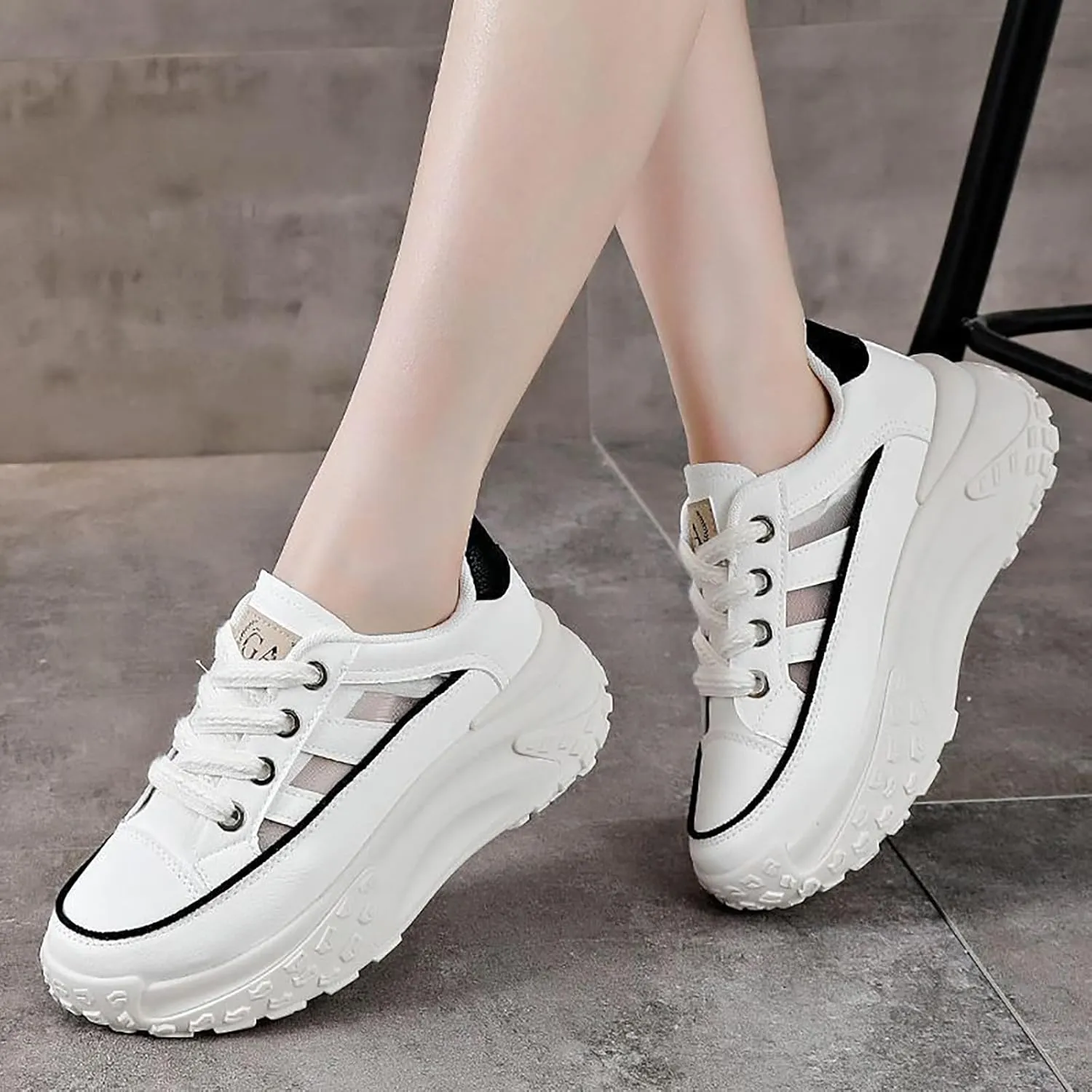Sneakers for Women Lace Up Platform Non Slip Sports Shoes Breathable Hollow-Out Leather Running Shoes for Stylish Running Shopping