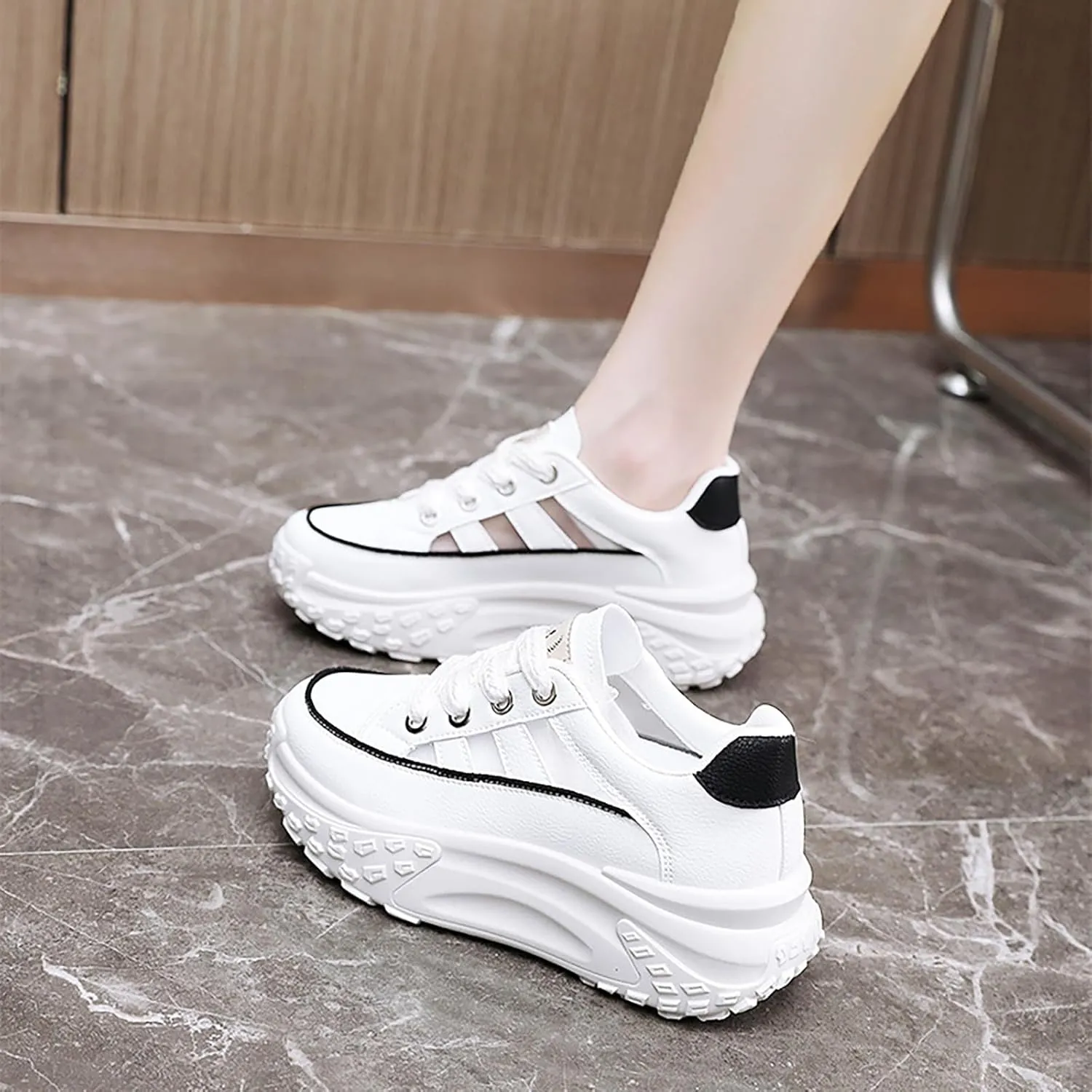 Sneakers for Women Lace Up Platform Non Slip Sports Shoes Breathable Hollow-Out Leather Running Shoes for Stylish Running Shopping