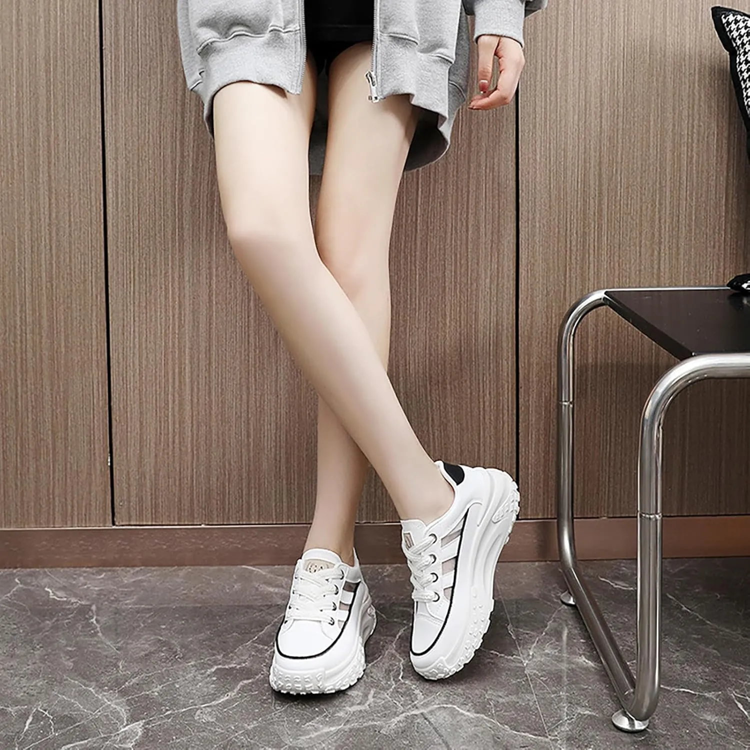 Sneakers for Women Lace Up Platform Non Slip Sports Shoes Breathable Hollow-Out Leather Running Shoes for Stylish Running Shopping