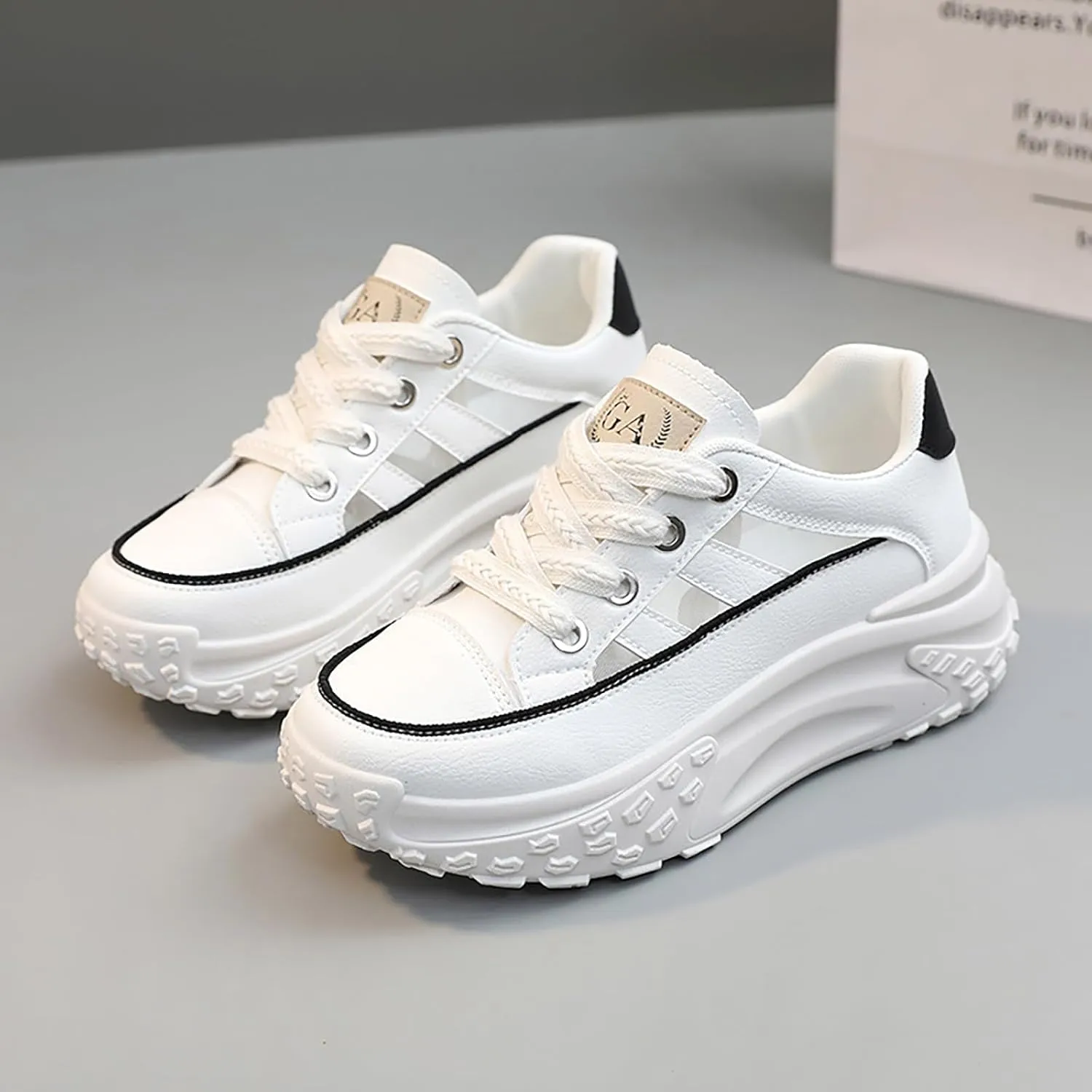 Sneakers for Women Lace Up Platform Non Slip Sports Shoes Breathable Hollow-Out Leather Running Shoes for Stylish Running Shopping