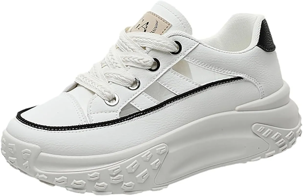 Sneakers for Women Lace Up Platform Non Slip Sports Shoes Breathable Hollow-Out Leather Running Shoes for Stylish Running Shopping