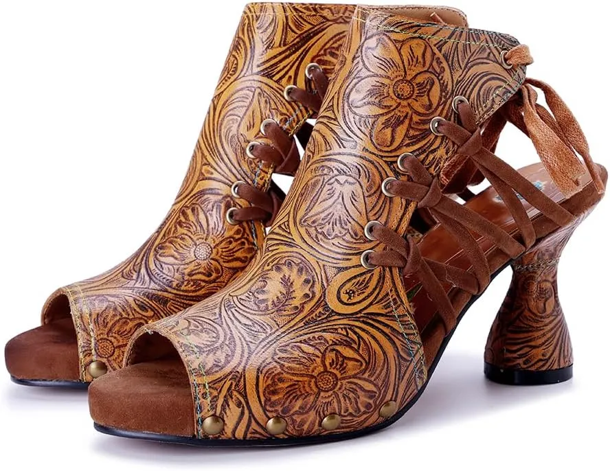 Socofy Heeled Sandals for Women Summer Block Heels Sandals Vintage Bohemian Open Toe Sandal Kitted Heeled Sandals for Party Wedding Ladies Sexy