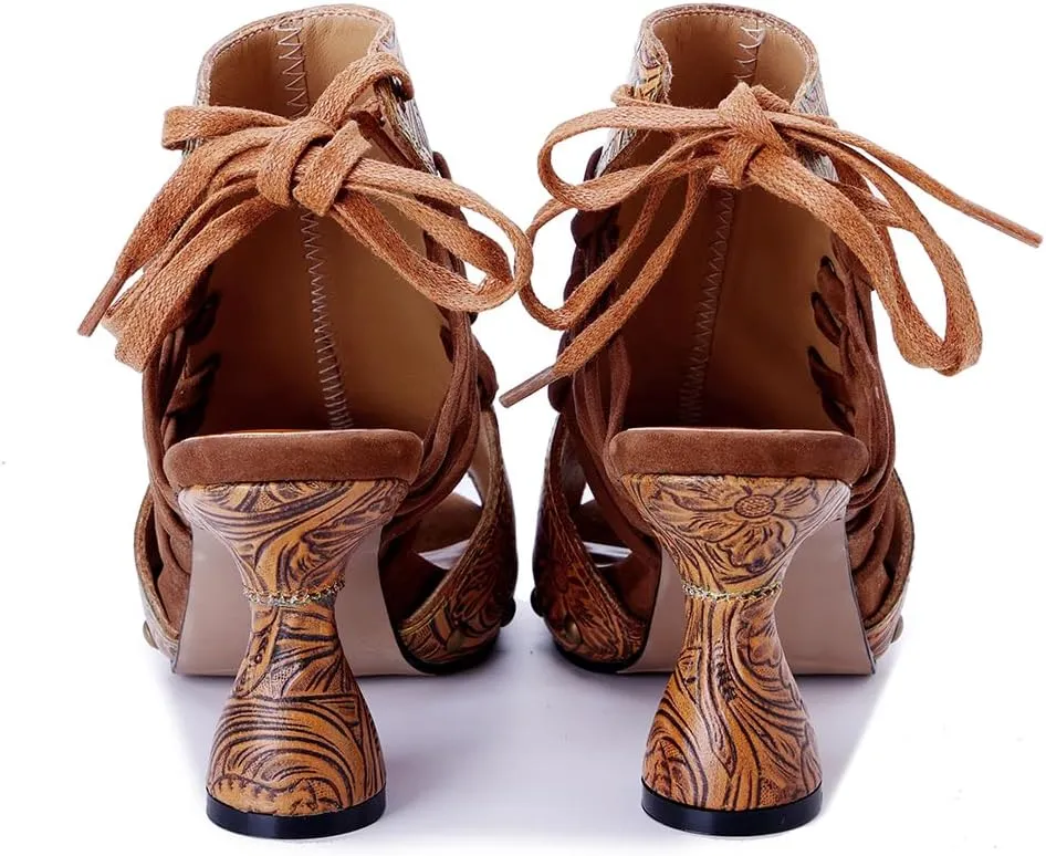 Socofy Heeled Sandals for Women Summer Block Heels Sandals Vintage Bohemian Open Toe Sandal Kitted Heeled Sandals for Party Wedding Ladies Sexy