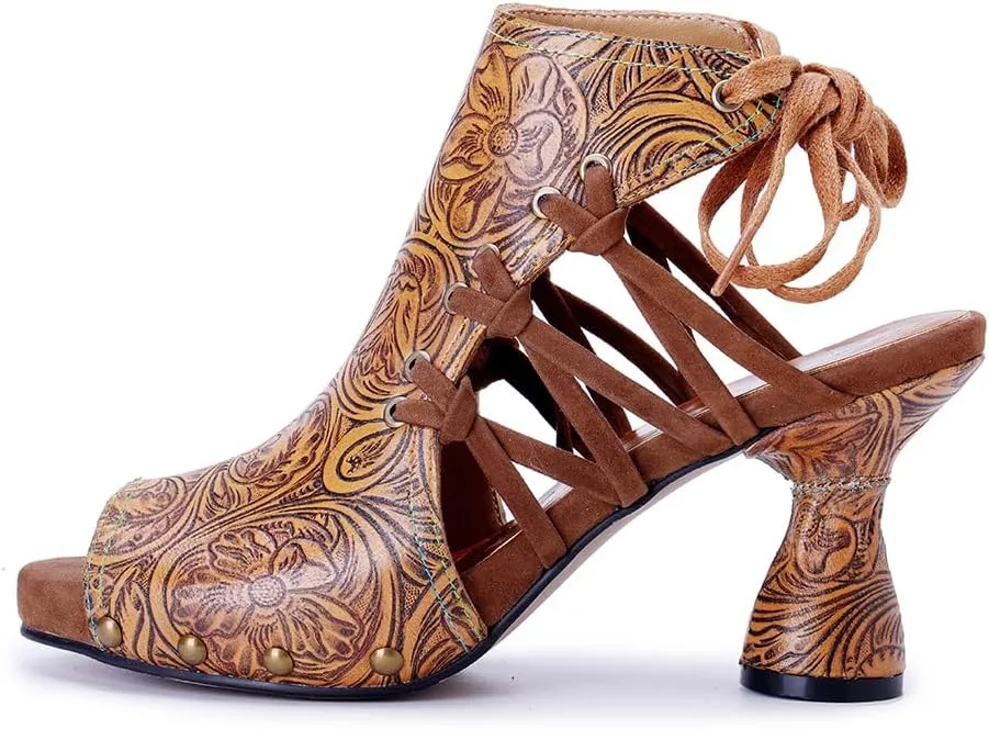 Socofy Heeled Sandals for Women Summer Block Heels Sandals Vintage Bohemian Open Toe Sandal Kitted Heeled Sandals for Party Wedding Ladies Sexy