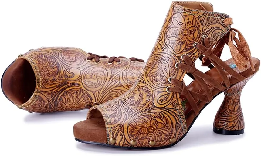 Socofy Heeled Sandals for Women Summer Block Heels Sandals Vintage Bohemian Open Toe Sandal Kitted Heeled Sandals for Party Wedding Ladies Sexy