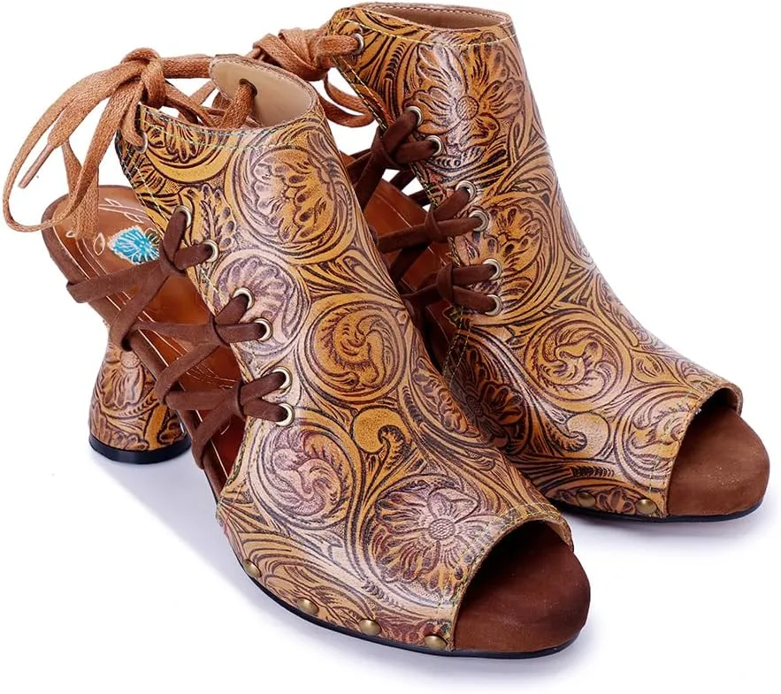 Socofy Heeled Sandals for Women Summer Block Heels Sandals Vintage Bohemian Open Toe Sandal Kitted Heeled Sandals for Party Wedding Ladies Sexy