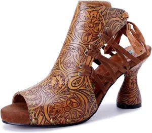 Socofy Heeled Sandals for Women Summer Block Heels Sandals Vintage Bohemian Open Toe Sandal Kitted Heeled Sandals for Party Wedding Ladies Sexy