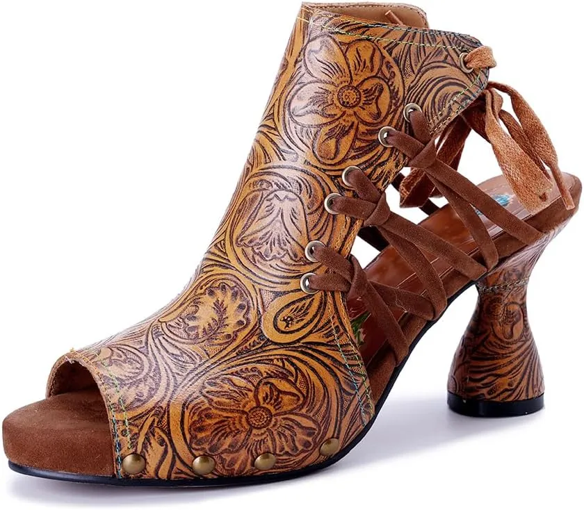 Socofy Heeled Sandals for Women Summer Block Heels Sandals Vintage Bohemian Open Toe Sandal Kitted Heeled Sandals for Party Wedding Ladies Sexy