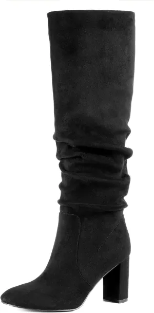 Soft Slouchy Knee High Boots Chunky Heel Slip On Vegan Suede Dress Boots Wide Shaft Relaxed Fit