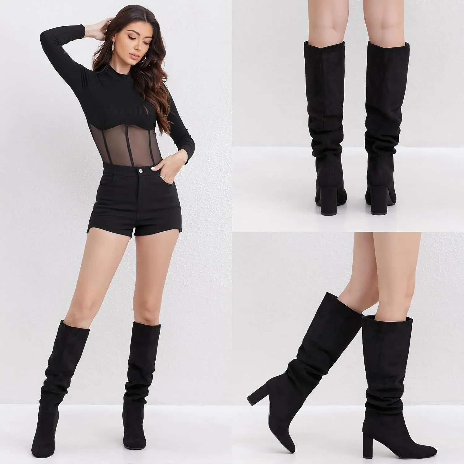 Soft Slouchy Knee High Boots Chunky Heel Slip On Vegan Suede Dress Boots Wide Shaft Relaxed Fit