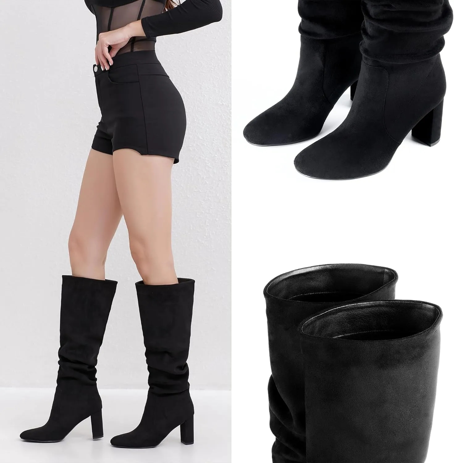 Soft Slouchy Knee High Boots Chunky Heel Slip On Vegan Suede Dress Boots Wide Shaft Relaxed Fit