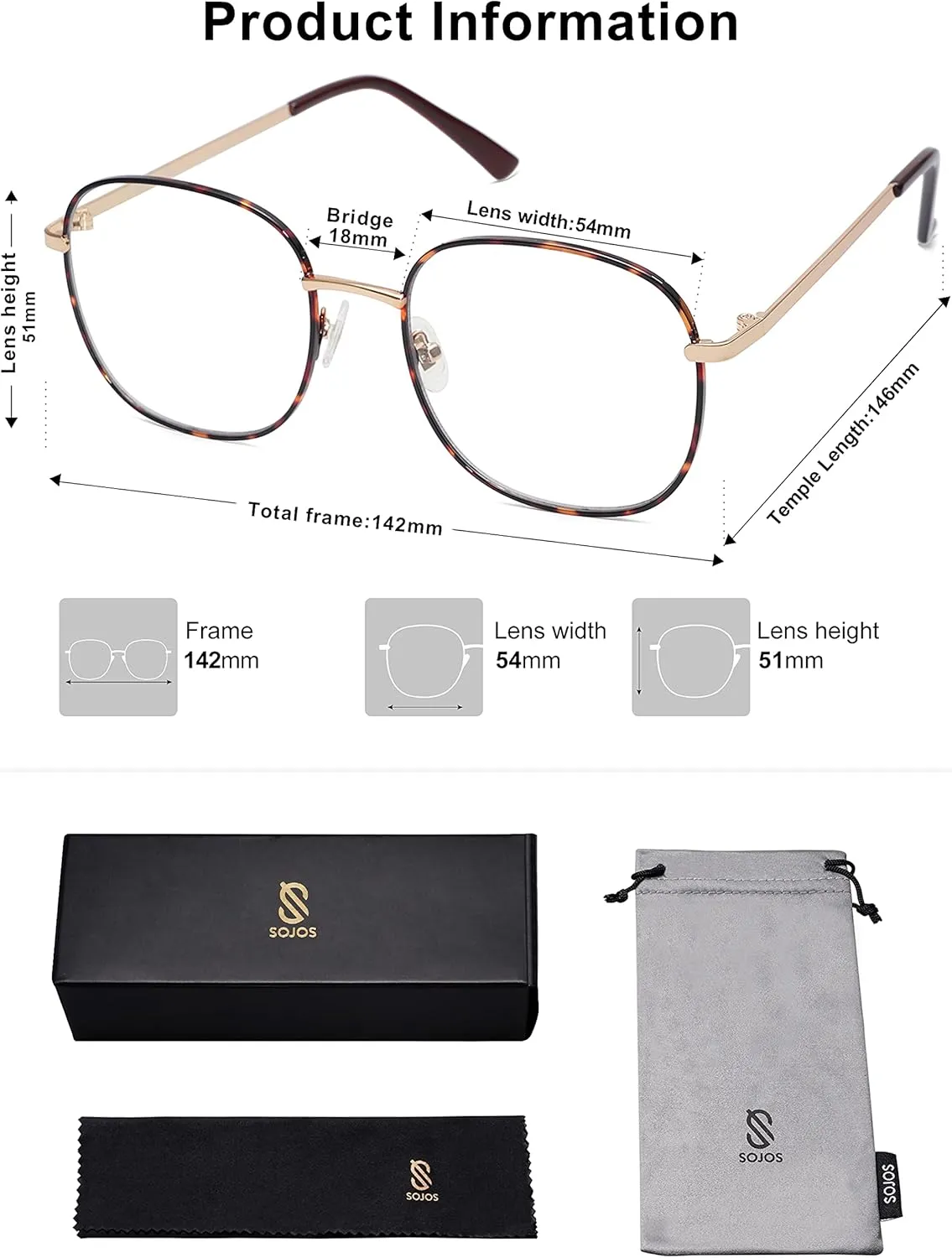 SOJOS Classic Square Blue Light Blocking Glasses for Women Men Stylish Computer Glasses SJ1137